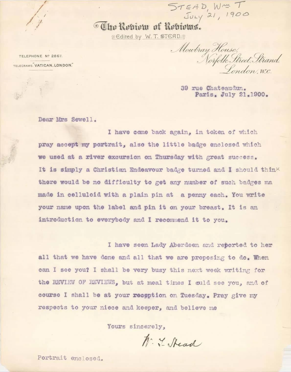 A typed letter from W. T. Stead of The Review of Reviews to Mrs. Sewell, dated July 21, 1900, with a handwritten signature at the bottom.
